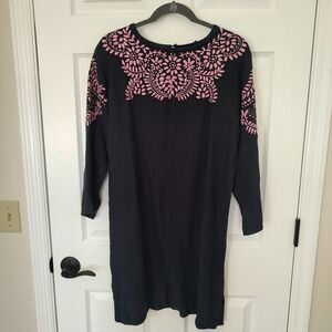 Madison Mathews Linen Navy Blue Pink Embroidered Boho Coastal Dress…